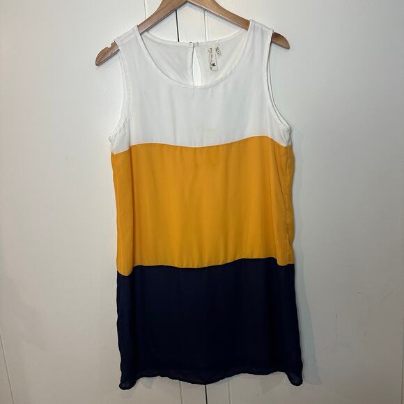 Modcloth Pink Owl Yellow Navy Blue White Colorblock Shift Dress Sleeveless L - Picture 2 of 8